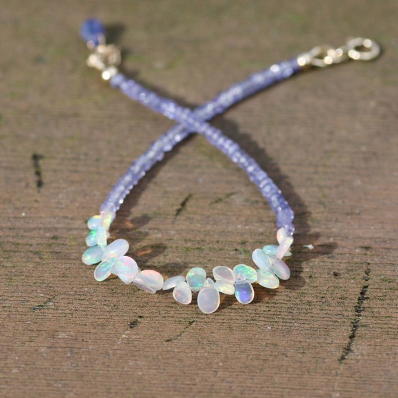 Handmade Natural Welo Opal and Tanzanite Bracelet Solid 14k Gold , 7.5" - 7.9" - Picture 2 of 7
